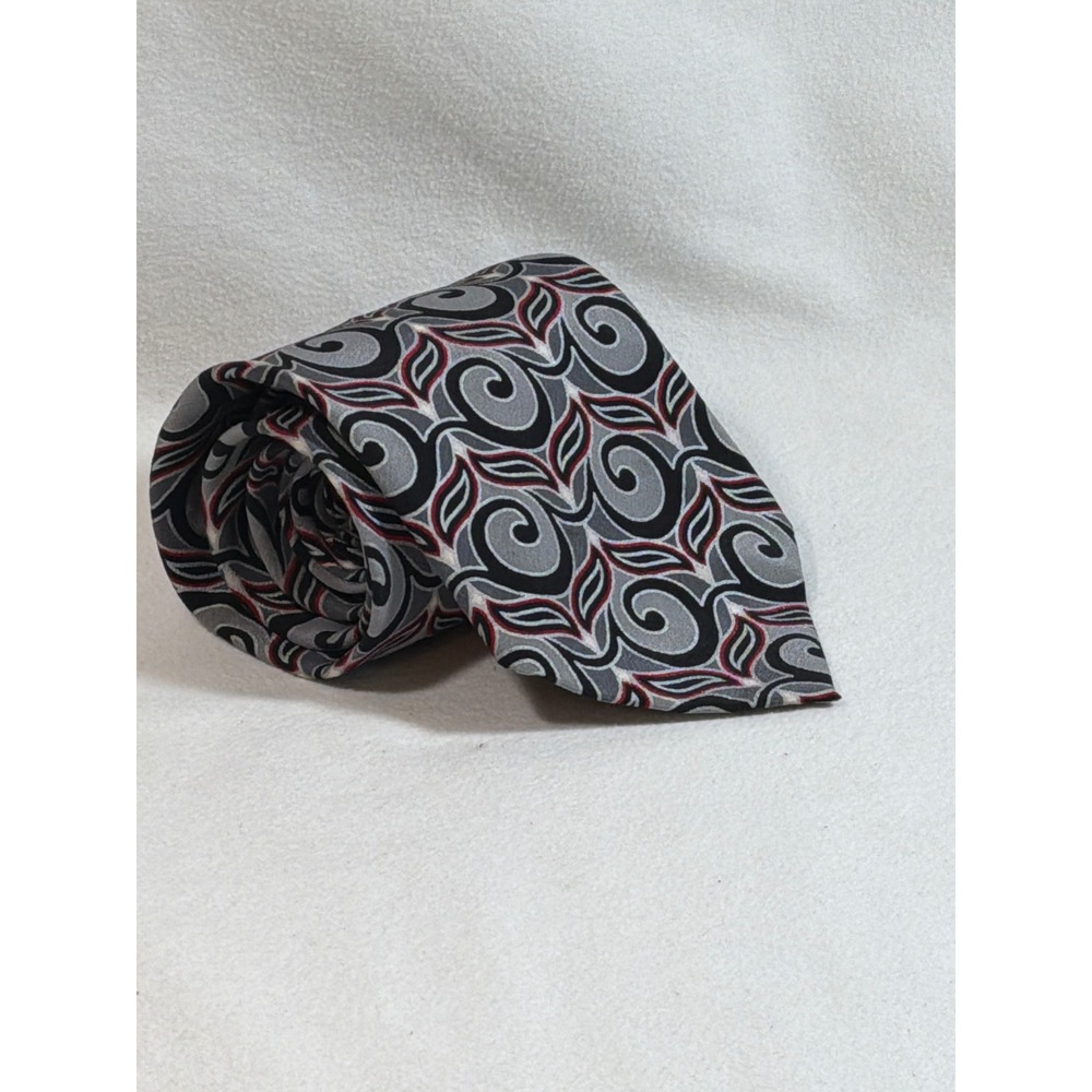 Brandini Le Collezioni Mens Silk Tie Grey Black Red Swirl Geometric Italy